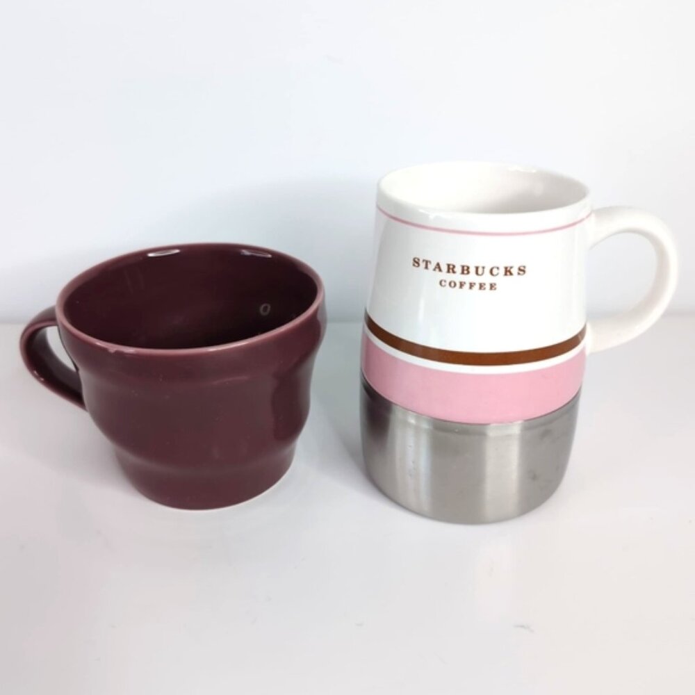 Starbucks 2006 Pink White Stainless Steel & 2014 Burgundy Collectible Mug Set